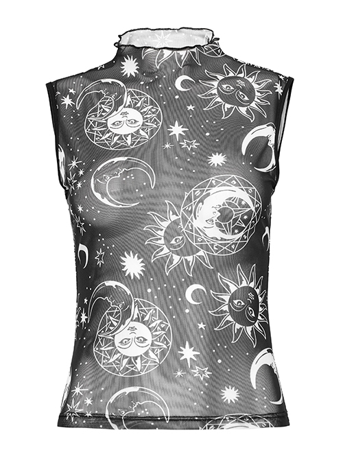 Black Starry Sky Print Pattern Slightly See Through Turtleneck Stretch Mesh Gothic Style Sleeveless Daily T-Shirt