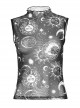Black Starry Sky Print Pattern Slightly See Through Turtleneck Stretch Mesh Gothic Style Sleeveless Daily T-Shirt