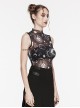 Black Starry Sky Print Pattern Slightly See Through Turtleneck Stretch Mesh Gothic Style Sleeveless Daily T-Shirt