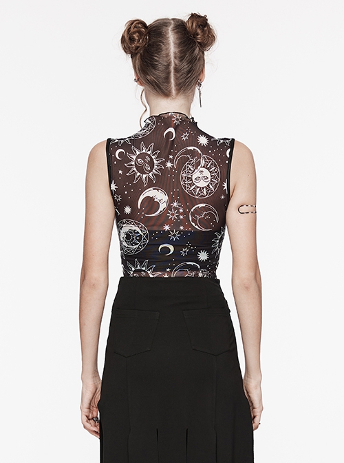 Black Starry Sky Print Pattern Slightly See Through Turtleneck Stretch Mesh Gothic Style Sleeveless Daily T-Shirt