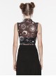 Black Starry Sky Print Pattern Slightly See Through Turtleneck Stretch Mesh Gothic Style Sleeveless Daily T-Shirt