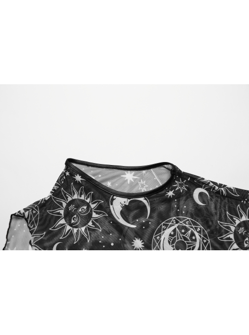 Black Starry Sky Print Pattern Slightly See Through Turtleneck Stretch Mesh Gothic Style Sleeveless Daily T-Shirt