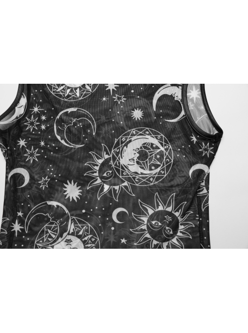 Black Starry Sky Print Pattern Slightly See Through Turtleneck Stretch Mesh Gothic Style Sleeveless Daily T-Shirt