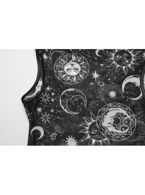 Black Starry Sky Print Pattern Slightly See Through Turtleneck Stretch Mesh Gothic Style Sleeveless Daily T-Shirt