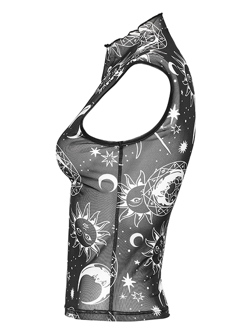 Black Starry Sky Print Pattern Slightly See Through Turtleneck Stretch Mesh Gothic Style Sleeveless Daily T-Shirt