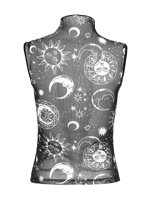 Black Starry Sky Print Pattern Slightly See Through Turtleneck Stretch Mesh Gothic Style Sleeveless Daily T-Shirt
