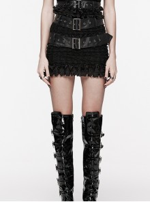 Rebellious Black Ruffled Mesh Spliced Stretch Knit With Removable Leather Straps Punk Style Skirt