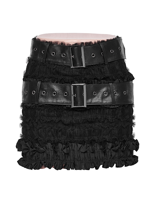Rebellious Black Ruffled Mesh Spliced Stretch Knit With Removable Leather Straps Punk Style Skirt