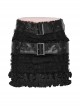 Rebellious Black Ruffled Mesh Spliced Stretch Knit With Removable Leather Straps Punk Style Skirt