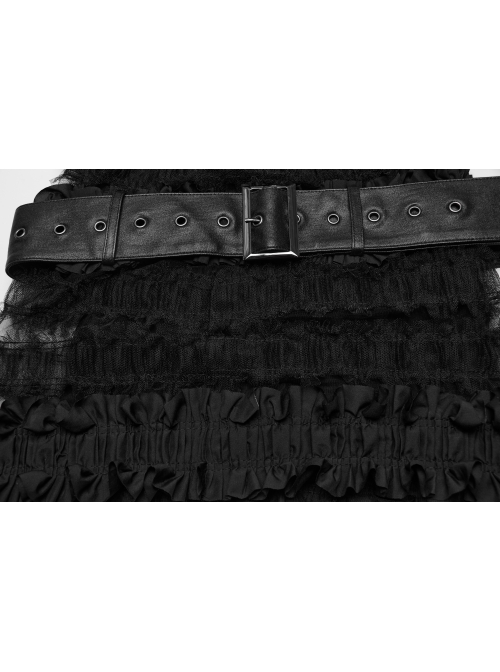 Rebellious Black Ruffled Mesh Spliced Stretch Knit With Removable Leather Straps Punk Style Skirt