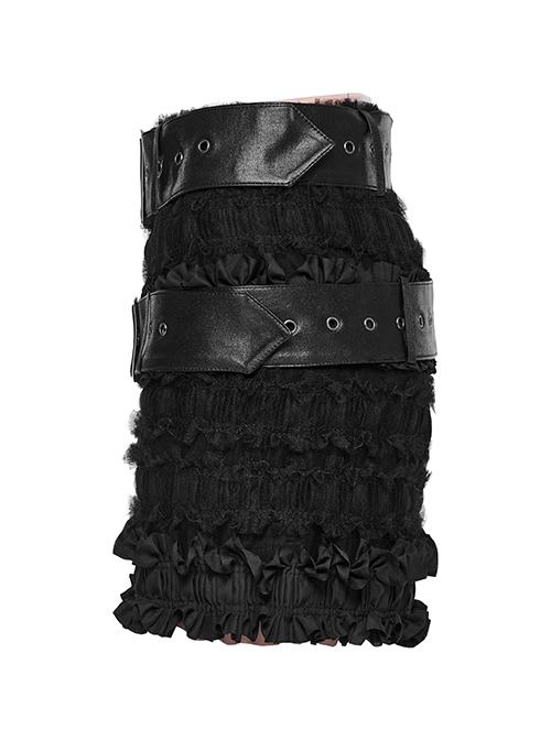 Rebellious Black Ruffled Mesh Spliced Stretch Knit With Removable Leather Straps Punk Style Skirt