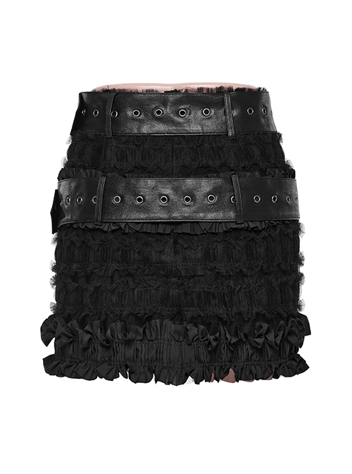 Rebellious Black Ruffled Mesh Spliced Stretch Knit With Removable Leather Straps Punk Style Skirt