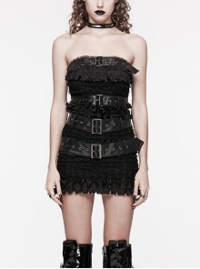 Rebellious Black Ruffled Mesh Spliced Stretch Knit With Removable Leather Straps Punk Style Tube Top