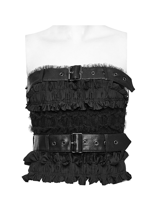 Rebellious Black Ruffled Mesh Spliced Stretch Knit With Removable Leather Straps Punk Style Tube Top