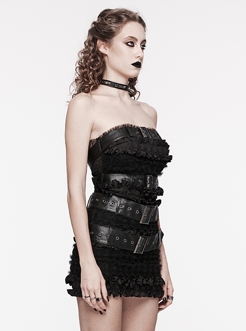 Rebellious Black Ruffled Mesh Spliced Stretch Knit With Removable Leather Straps Punk Style Tube Top