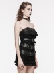 Rebellious Black Ruffled Mesh Spliced Stretch Knit With Removable Leather Straps Punk Style Tube Top