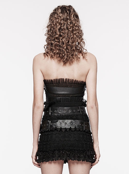 Rebellious Black Ruffled Mesh Spliced Stretch Knit With Removable Leather Straps Punk Style Tube Top