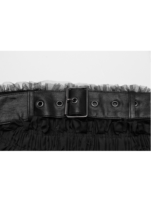 Rebellious Black Ruffled Mesh Spliced Stretch Knit With Removable Leather Straps Punk Style Tube Top