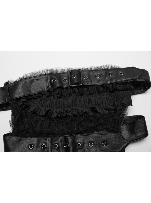 Rebellious Black Ruffled Mesh Spliced Stretch Knit With Removable Leather Straps Punk Style Tube Top