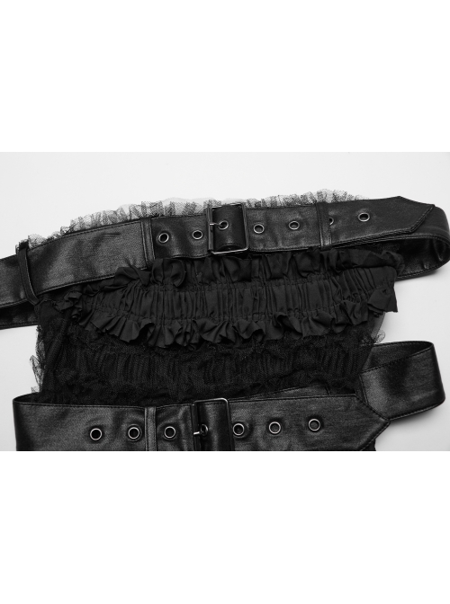 Rebellious Black Ruffled Mesh Spliced Stretch Knit With Removable Leather Straps Punk Style Tube Top
