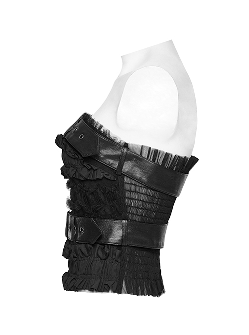 Rebellious Black Ruffled Mesh Spliced Stretch Knit With Removable Leather Straps Punk Style Tube Top