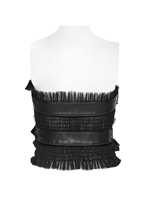 Rebellious Black Ruffled Mesh Spliced Stretch Knit With Removable Leather Straps Punk Style Tube Top