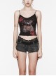 Black And Red Dark Bear Print With Stretch Mesh Gothic Style Daily Adjustable Shoulder Strap T-Shirt