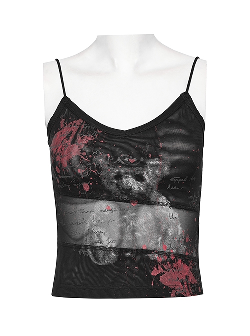 Black And Red Dark Bear Print With Stretch Mesh Gothic Style Daily Adjustable Shoulder Strap T-Shirt