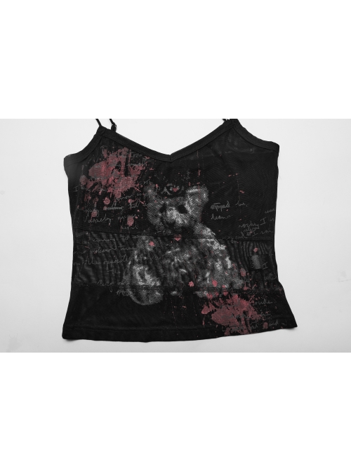 Black And Red Dark Bear Print With Stretch Mesh Gothic Style Daily Adjustable Shoulder Strap T-Shirt