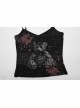 Black And Red Dark Bear Print With Stretch Mesh Gothic Style Daily Adjustable Shoulder Strap T-Shirt