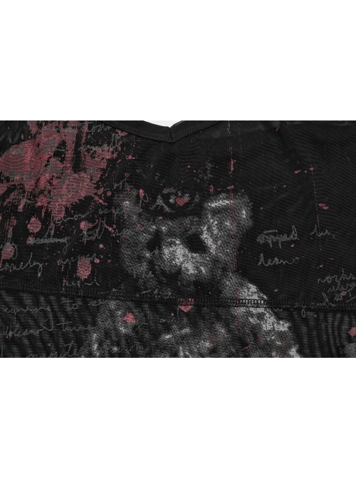 Black And Red Dark Bear Print With Stretch Mesh Gothic Style Daily Adjustable Shoulder Strap T-Shirt