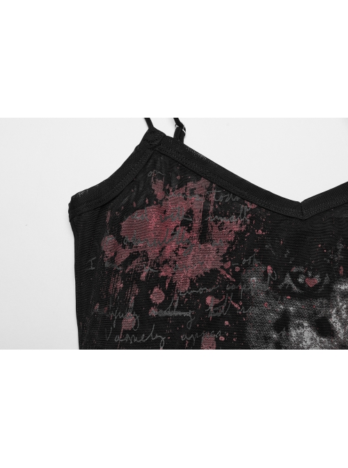 Black And Red Dark Bear Print With Stretch Mesh Gothic Style Daily Adjustable Shoulder Strap T-Shirt
