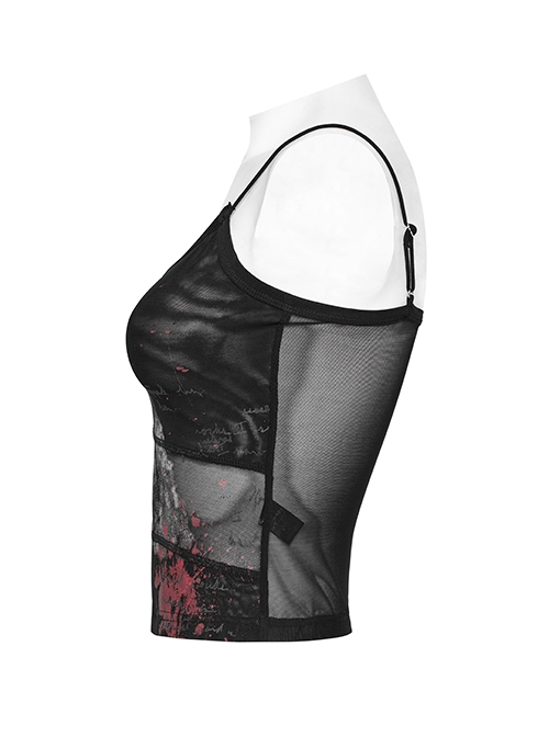 Black And Red Dark Bear Print With Stretch Mesh Gothic Style Daily Adjustable Shoulder Strap T-Shirt