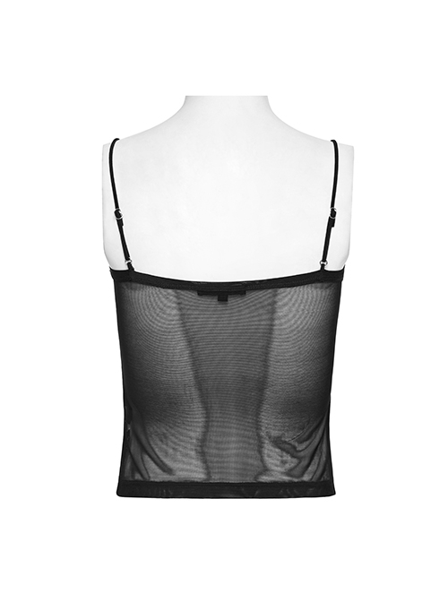 Black And Red Dark Bear Print With Stretch Mesh Gothic Style Daily Adjustable Shoulder Strap T-Shirt