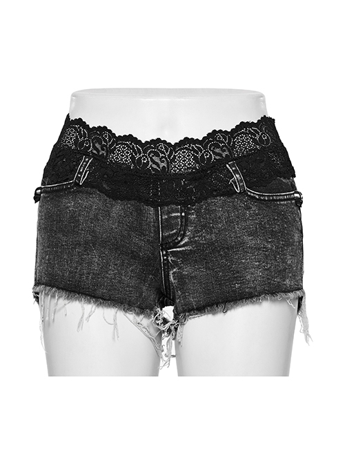 Black Sexy High-Waisted Lace Spliced Micro-Elastic Denim Fabric Punk Style Wild Hot Shorts
