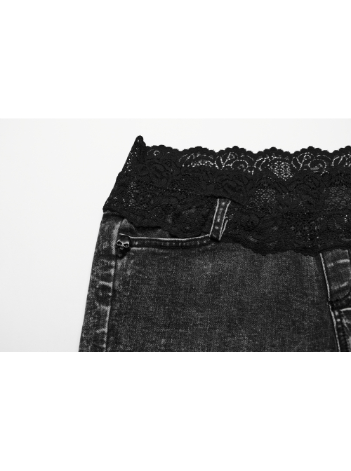 Black Sexy High-Waisted Lace Spliced Micro-Elastic Denim Fabric Punk Style Wild Hot Shorts