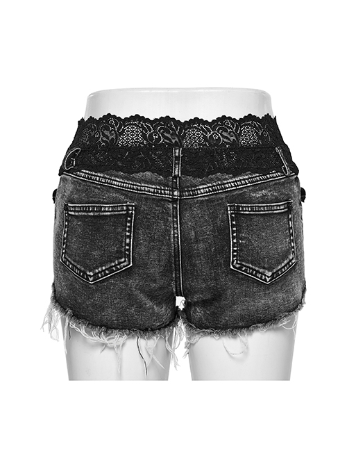 Black Sexy High-Waisted Lace Spliced Micro-Elastic Denim Fabric Punk Style Wild Hot Shorts