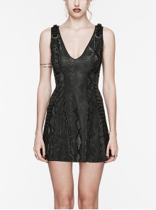 Black Snake Print Taped PU Leather Shoulder Strap Punk Style Deep V-Neck Sleeveless Dress