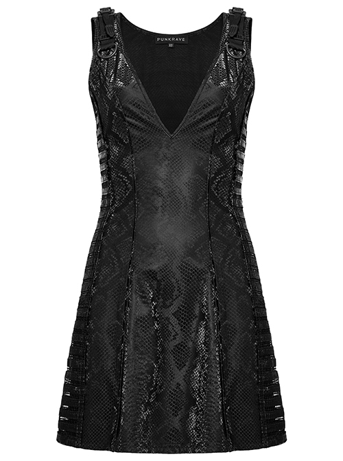 Black Snake Print Taped PU Leather Shoulder Strap Punk Style Deep V-Neck Sleeveless Dress