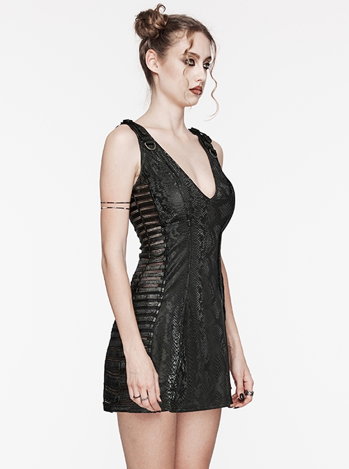 Black Snake Print Taped PU Leather Shoulder Strap Punk Style Deep V-Neck Sleeveless Dress