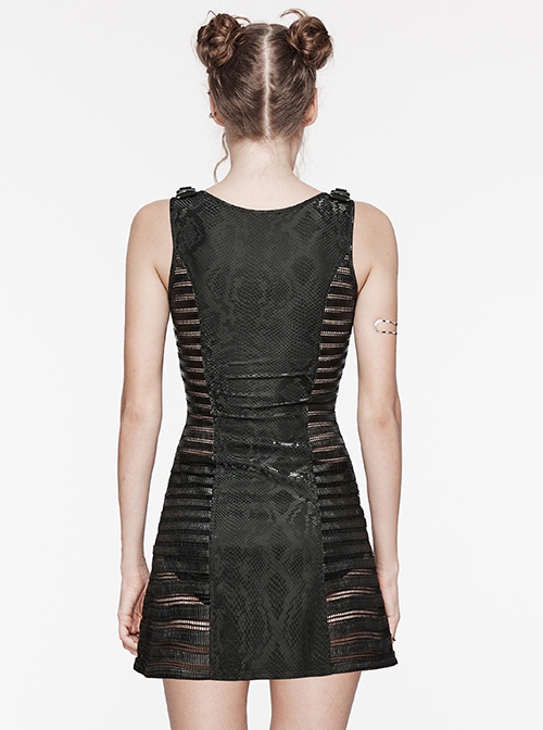 Black Snake Print Taped PU Leather Shoulder Strap Punk Style Deep V-Neck Sleeveless Dress