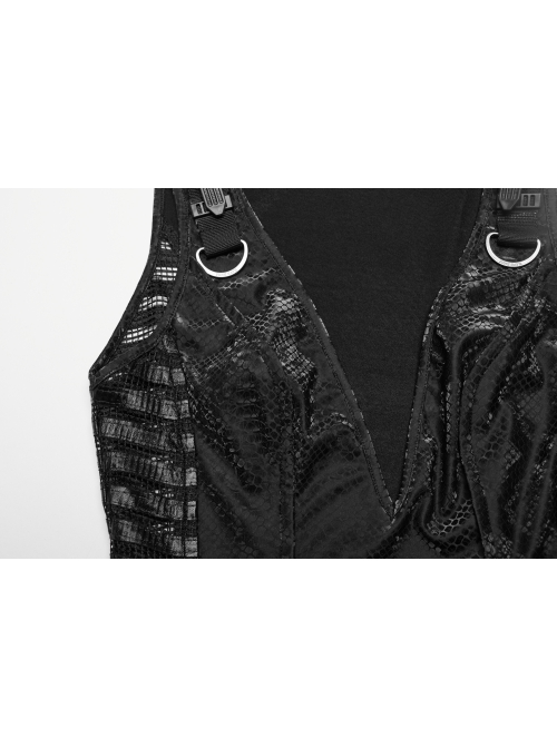 Black Snake Print Taped PU Leather Shoulder Strap Punk Style Deep V-Neck Sleeveless Dress