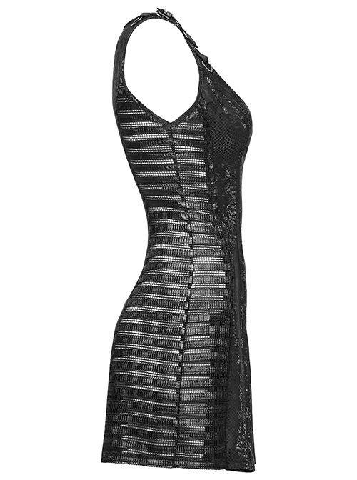 Black Snake Print Taped PU Leather Shoulder Strap Punk Style Deep V-Neck Sleeveless Dress