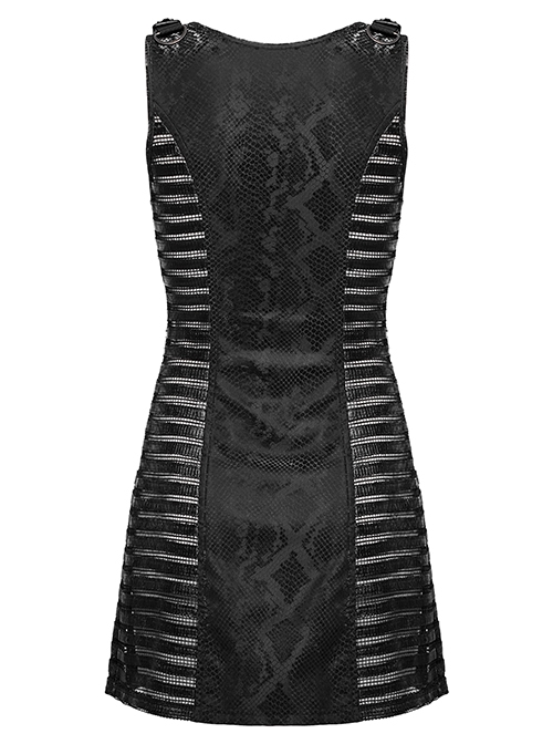 Black Snake Print Taped PU Leather Shoulder Strap Punk Style Deep V-Neck Sleeveless Dress
