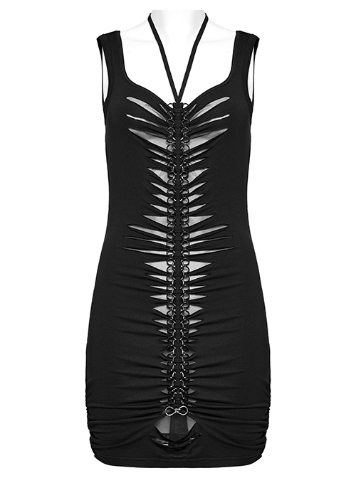 Personalized Black Elastic Mid Front Metal Chain Braid With Elastic Mesh Punk Style Slim Sleeveless Dress