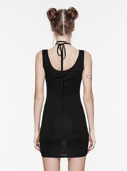 Personalized Black Elastic Mid Front Metal Chain Braid With Elastic Mesh Punk Style Slim Sleeveless Dress