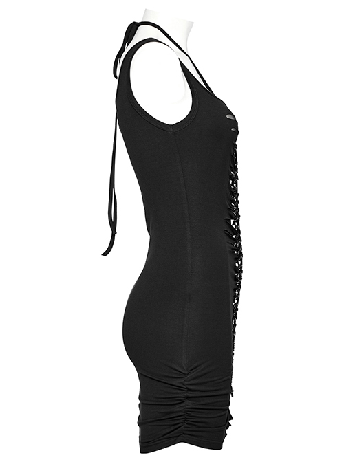 Personalized Black Elastic Mid Front Metal Chain Braid With Elastic Mesh Punk Style Slim Sleeveless Dress