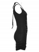 Personalized Black Elastic Mid Front Metal Chain Braid With Elastic Mesh Punk Style Slim Sleeveless Dress