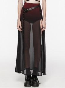 Black And Red See Through High Slit Chiffon Patchwork Tapered Belt Gothic Style Daily Skirt