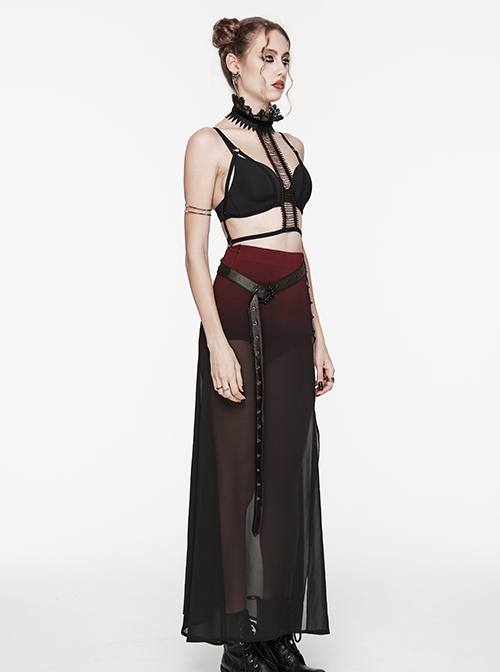 Black And Red See Through High Slit Chiffon Patchwork Tapered Belt Gothic Style Daily Skirt